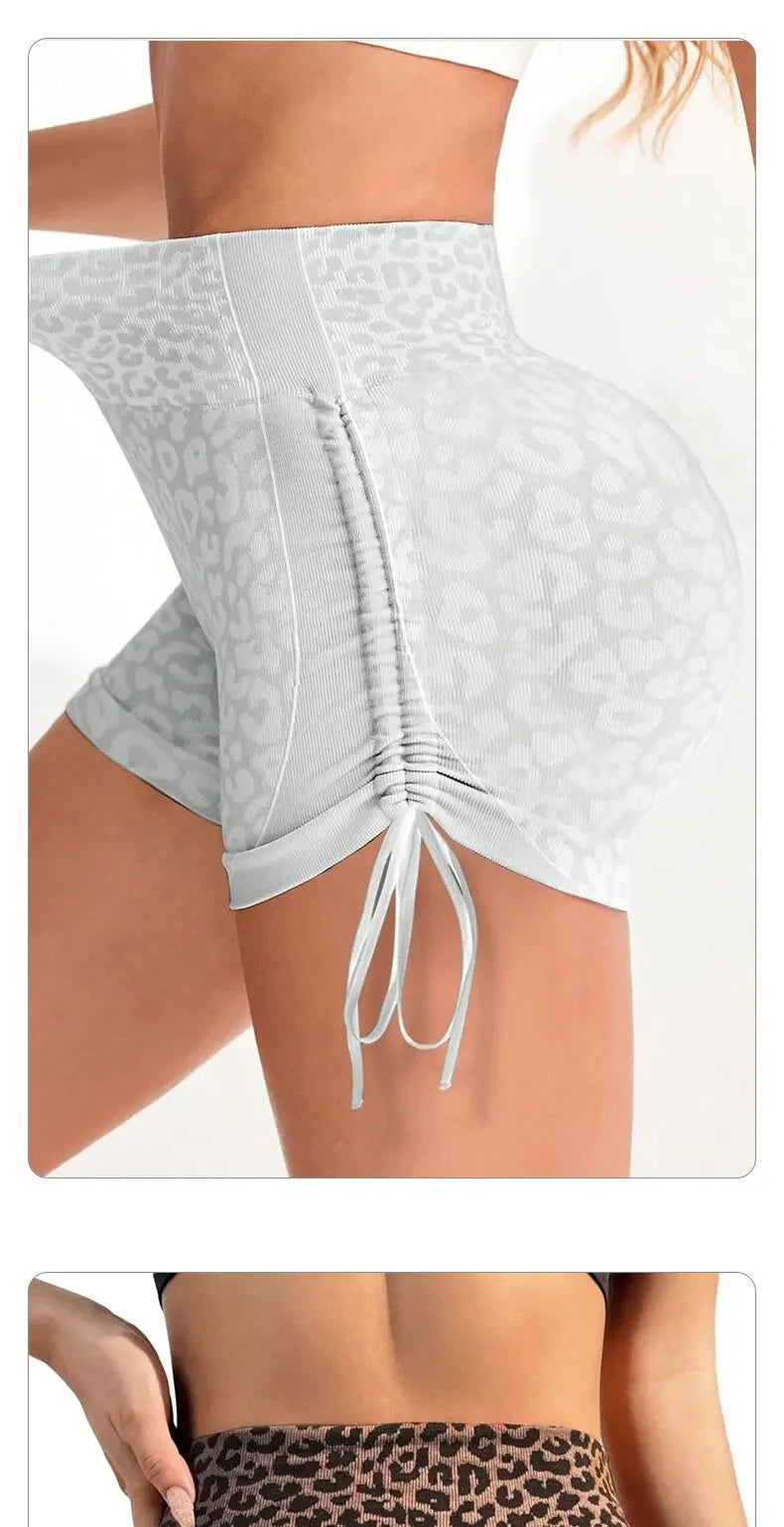 Women High Waist Yoga Shorts Side Drawstring Sexy Leopard Print/Sports Shorts Gym Athletic Running Leggings Workout Shorts