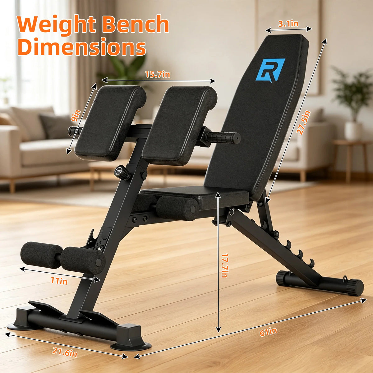 5mm Thick Square Steel Triangular Frame Workout Bench/330LBS User Weight Limit Adjustable Fitness Bench with Suction Anti-Slip Feet