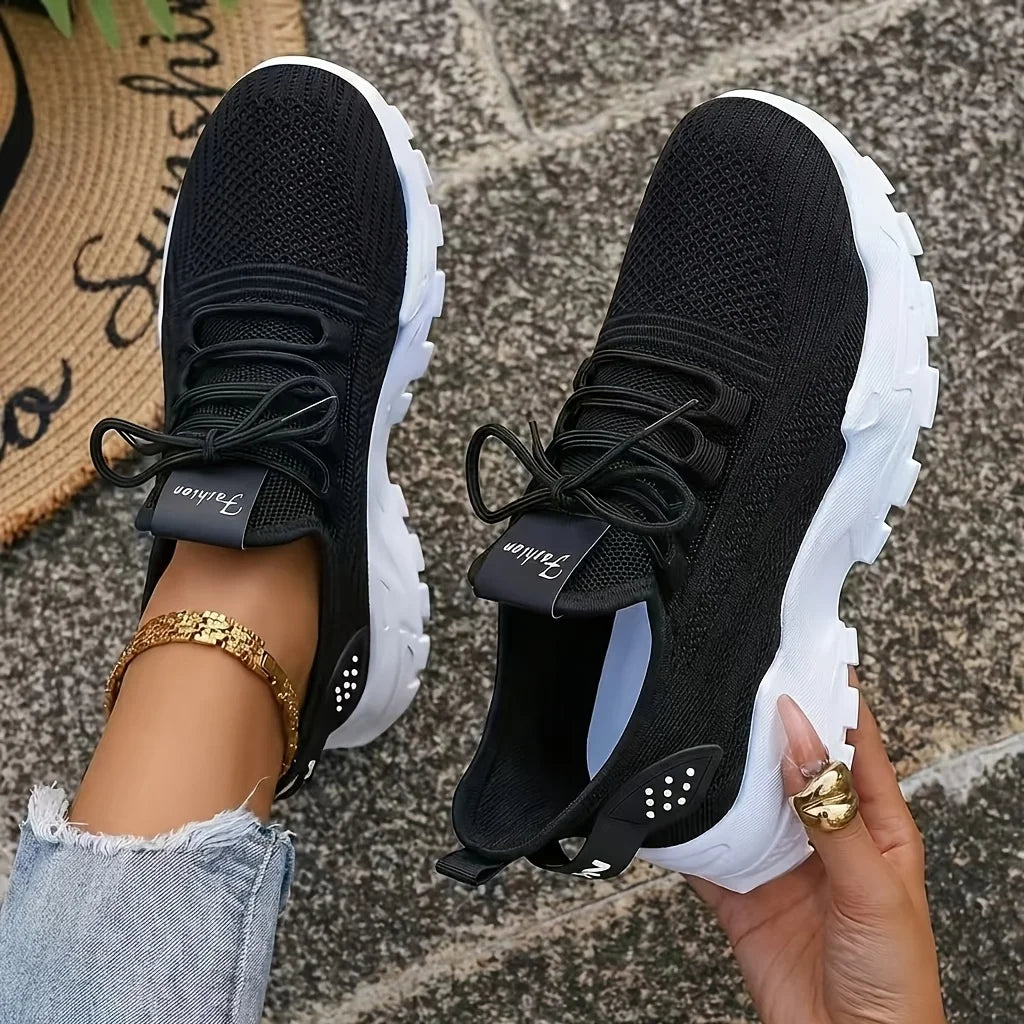 Women Chunky Platform Dad Sneakers, Knit Mesh Lace Up/Wavy Sole Casual Shoes Thick Bottom Non-slip Walking Trainers