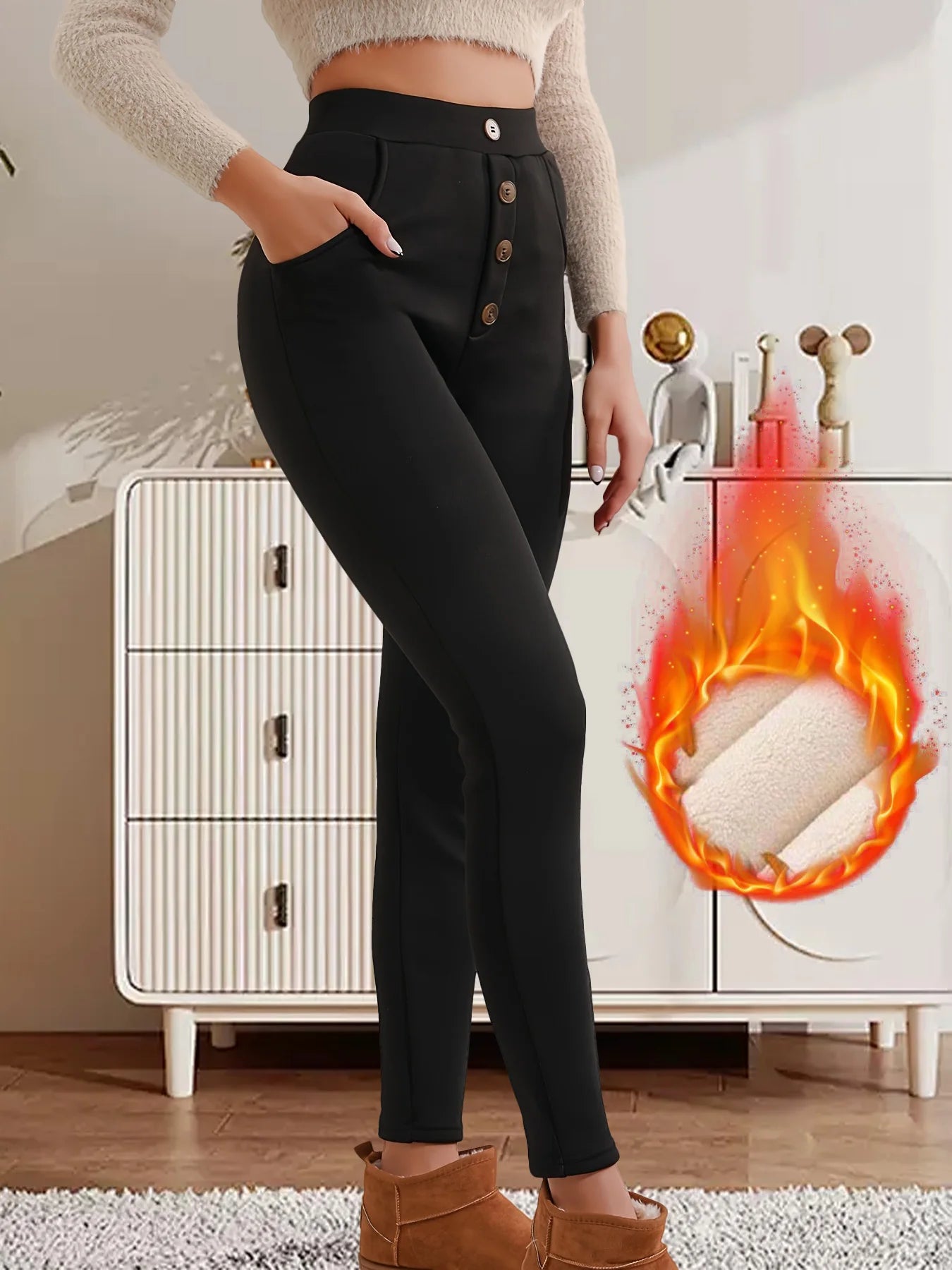1 piece of warm high waisted buttoned leggings slim fit and slimming/casual pants with pocket design pants