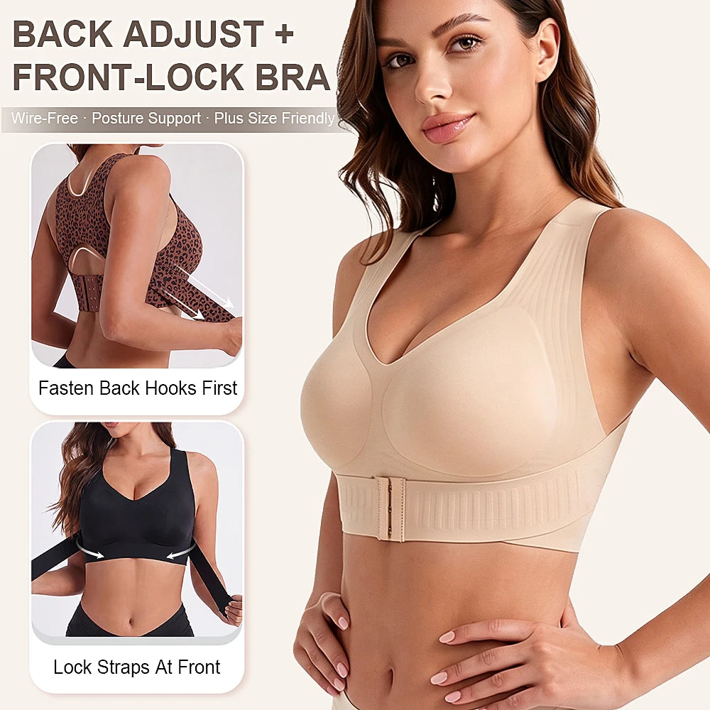 Women Wireless Posture Bra, Front Closure Cross Back Design/Wide Strap Full Coverage Back Support Comfort Daily Underwear