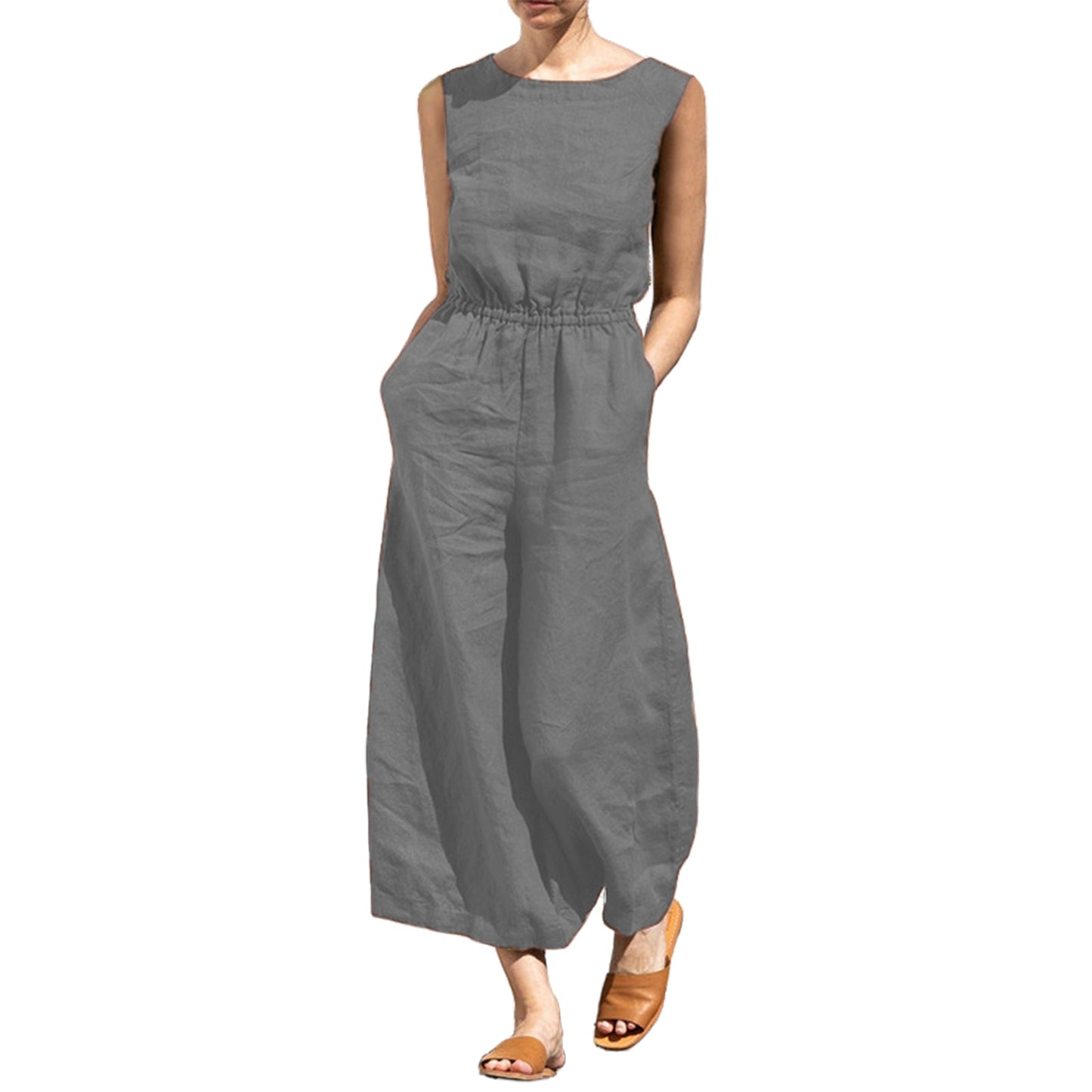 Rompers 2023 New Brand Women Casual Loose/Cotton Linen Solid Pockets Jumpsuit Sleeveless