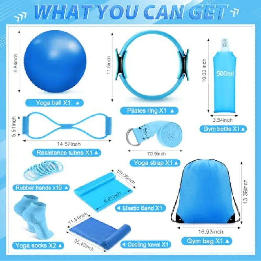 24 Pcs Home Pilates Essentials Kit for Women with Ring Ball Set/Stretching Strap Water Bottle Magic Circle Yoga Ring Gym Bag