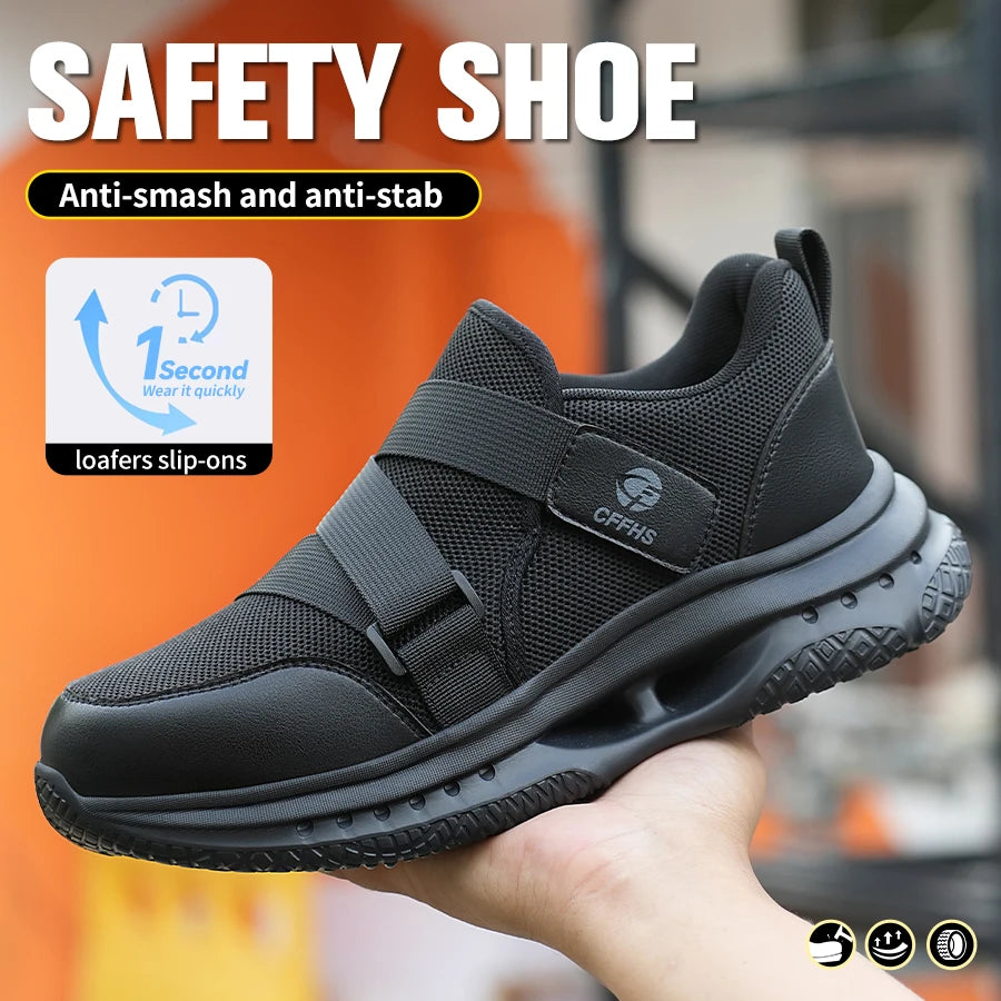 Velcro-Fastened Men's Breathable Casual/Work Safety Shoes with Impact and Puncture Resistance