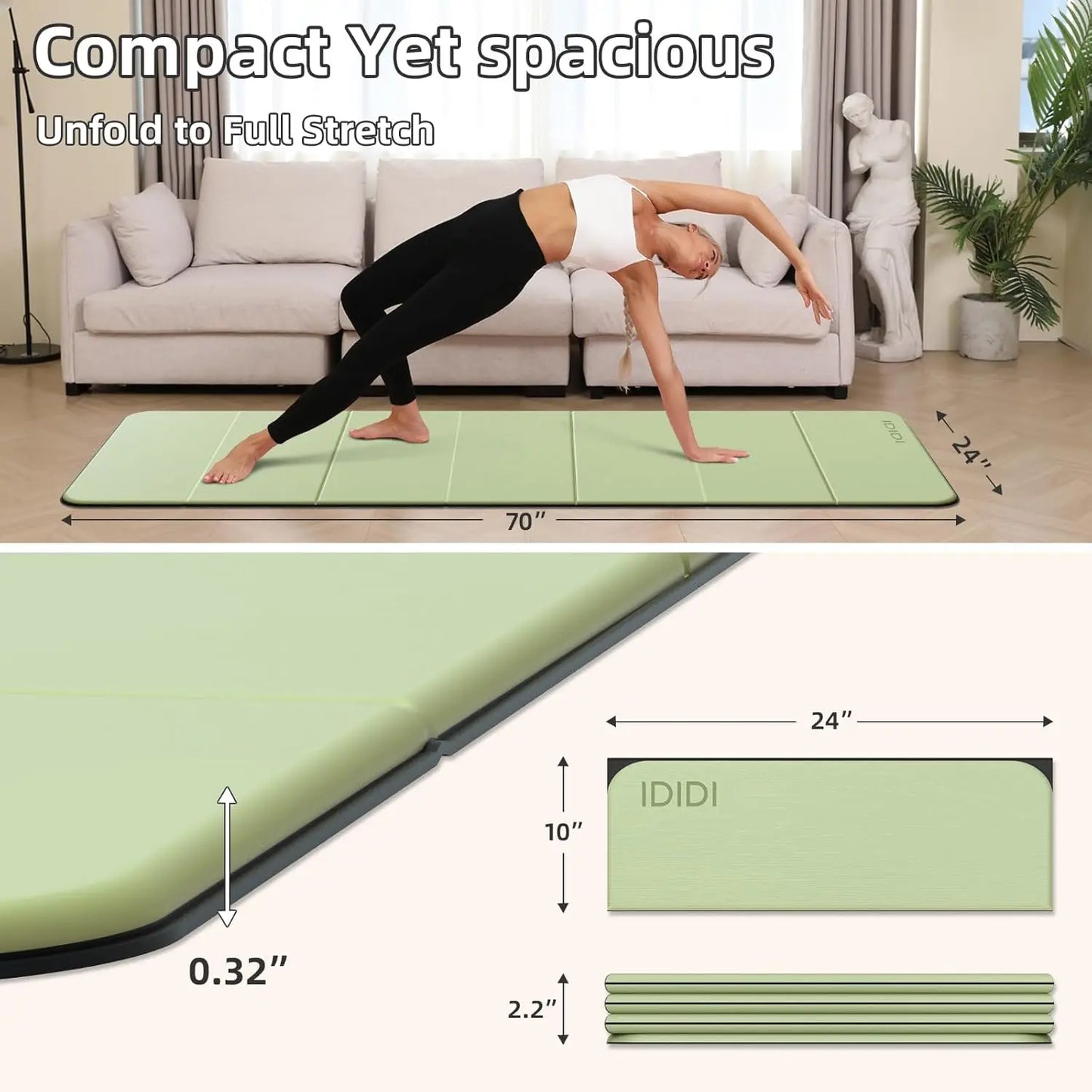 Extra Thick Foldable Yoga Mat - 0.32 Inch Eco-Friendly/Non-Slip Fitness Mat for Home & Studio