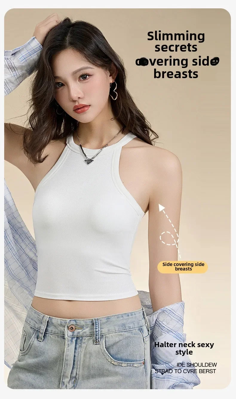 Threaded Halter Neck Camisole Top With Build-in Bra High Elastic/Slim-fitting Sling Fixed Cup Breathable Women Tank top