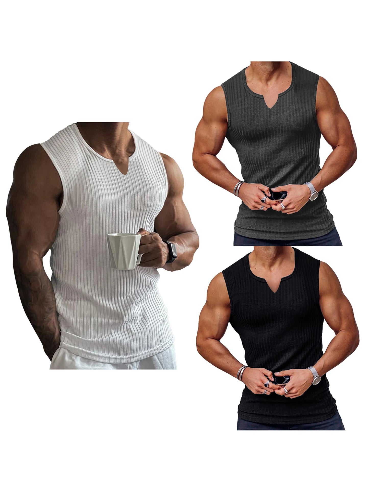 Men s Breathable Sleeveless Gym Tank Tops Summer Workout/Muscle Shirts Notched Neck Bodybuilding Fitness Vests
