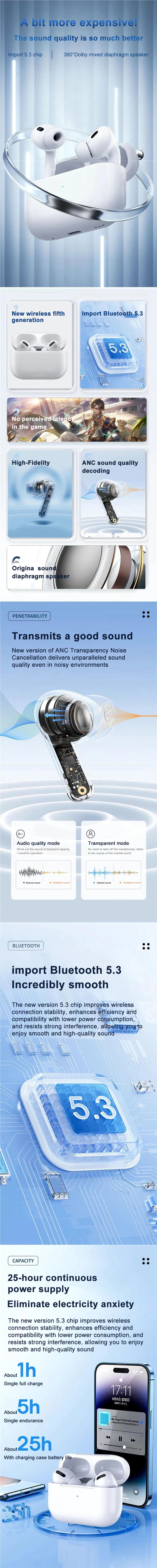 Bluetooth 5.3 Wireless Earphones 3D Stereo TWS In Ear Earbuds/HiFi Music for Air Pods Pro Portable Wireless Audio Headphones