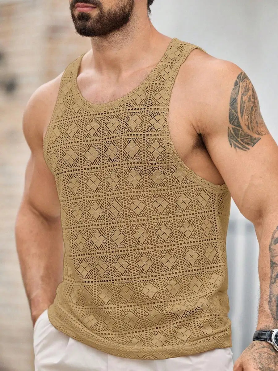 Manfinity Men's Hollow-Out Jacquard Knit Tank Top/Solid Color Round Neck Textured Casual Vest Summer Fashion Mesh