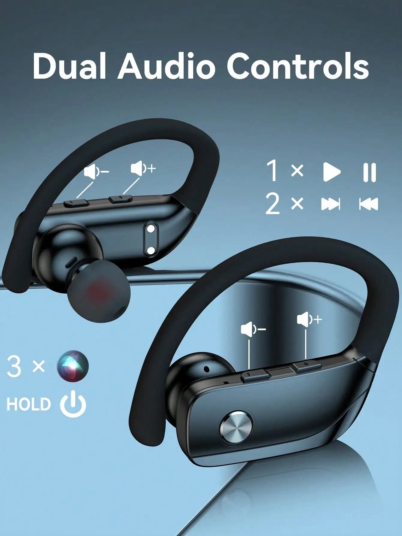 T16 Bluetooth 5.0 Ear-Hook Sports Earphones, IPX5 Waterproof ABS Earbuds/Wireless Charging Case, Dual LED Display, 48H Playtime