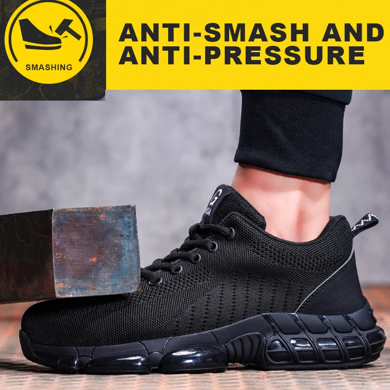 Men Safety Shoes Work Boots Summer Solid Color Lightweight Breathable/Steel Toe Anti-Smash Indestructible Tactical Work Sneakers