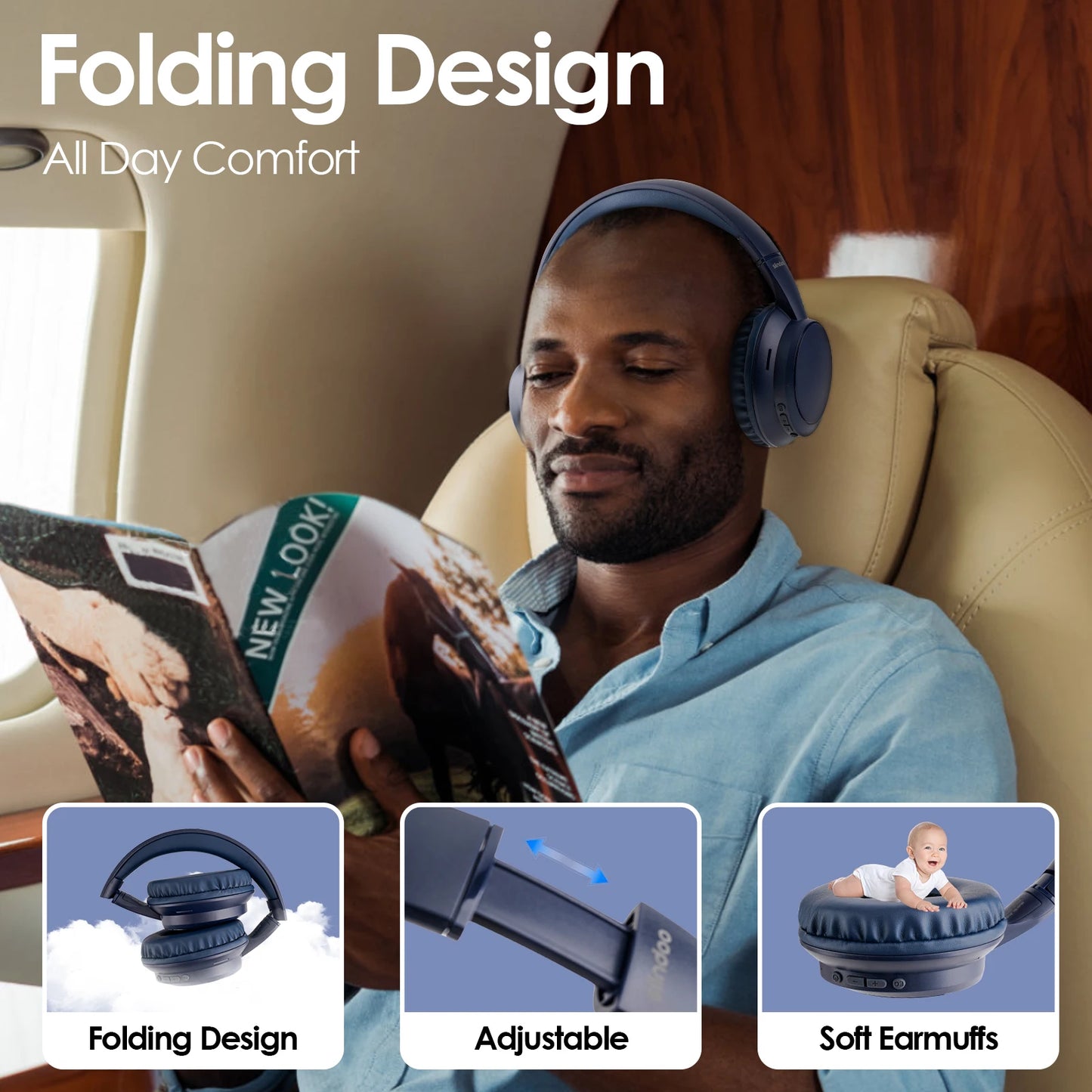Siindoo JH-820 Wireless Bluetooth Headphones 60H Playtime 3 EQ Sound Modes/Newest Foldable Lightweight headset for Travel Study