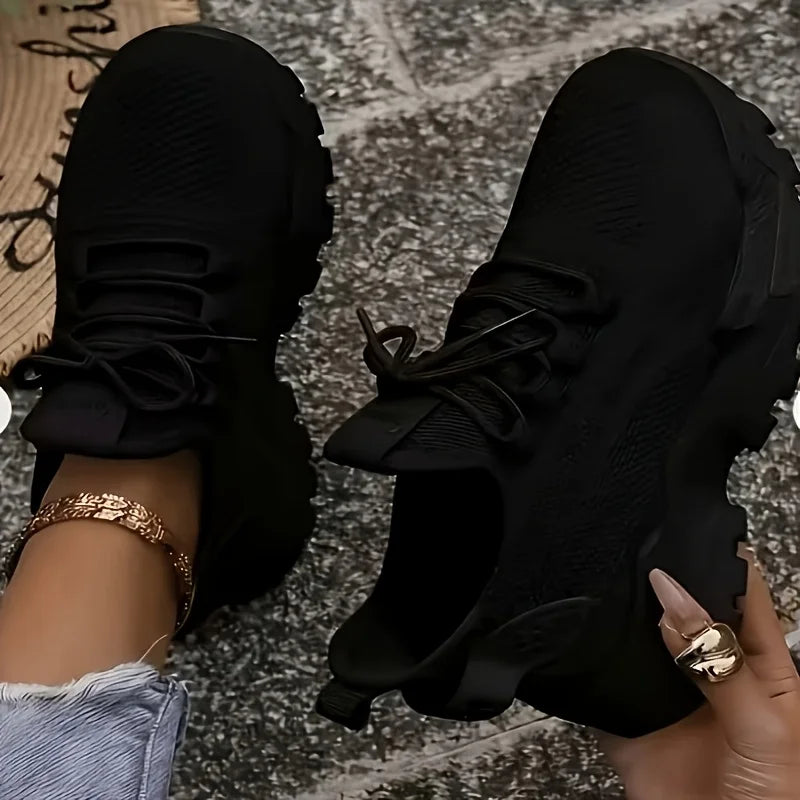 Women Chunky Platform Dad Sneakers, Knit Mesh Lace Up/Wavy Sole Casual Shoes Thick Bottom Non-slip Walking Trainers