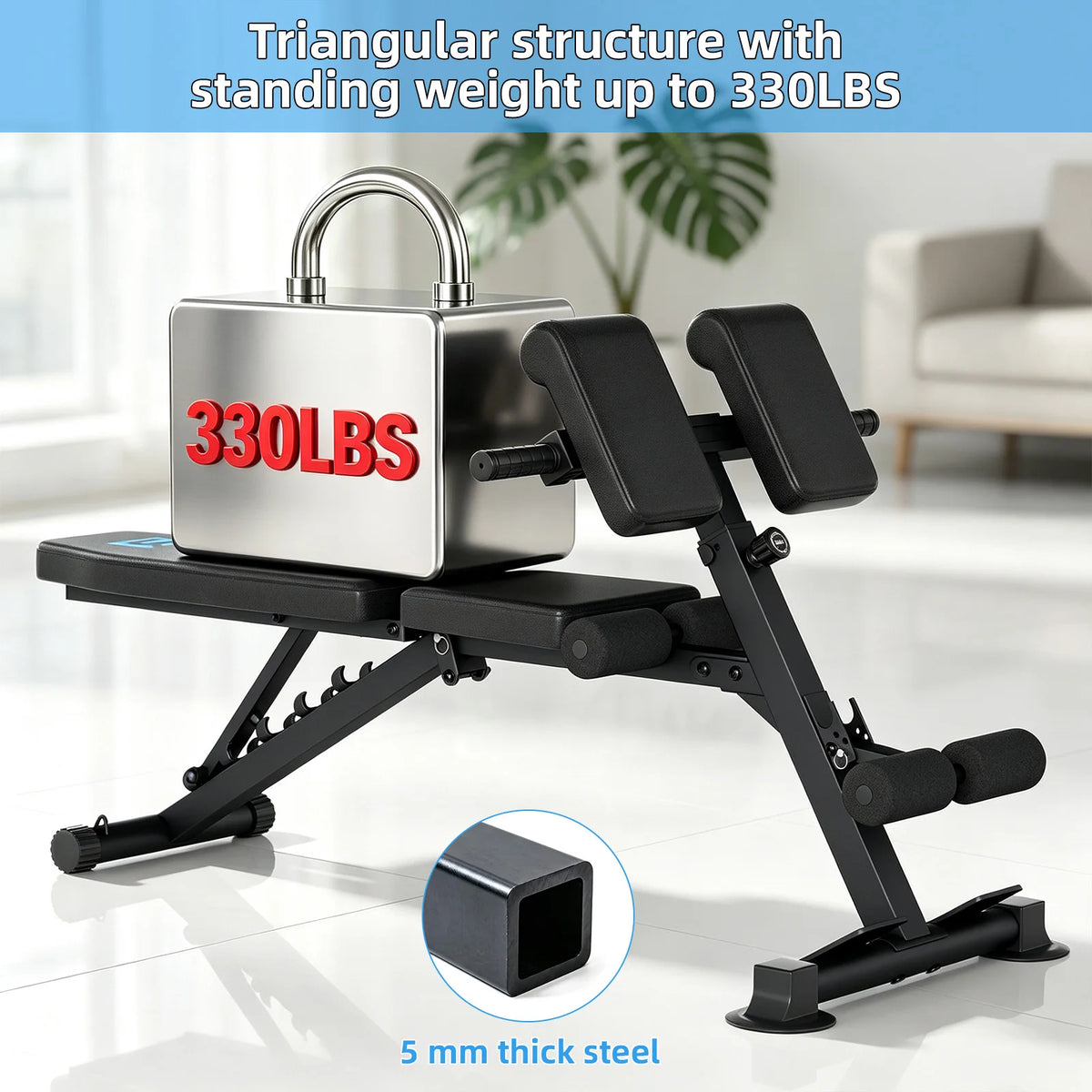 5mm Thick Square Steel Triangular Frame Workout Bench/330LBS User Weight Limit Adjustable Fitness Bench with Suction Anti-Slip Feet