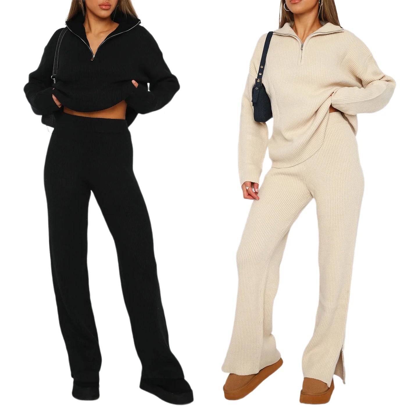 Warm Zipper Down Top Pants Women/Rib Knitted Pants Suit Loose Fit Ladies