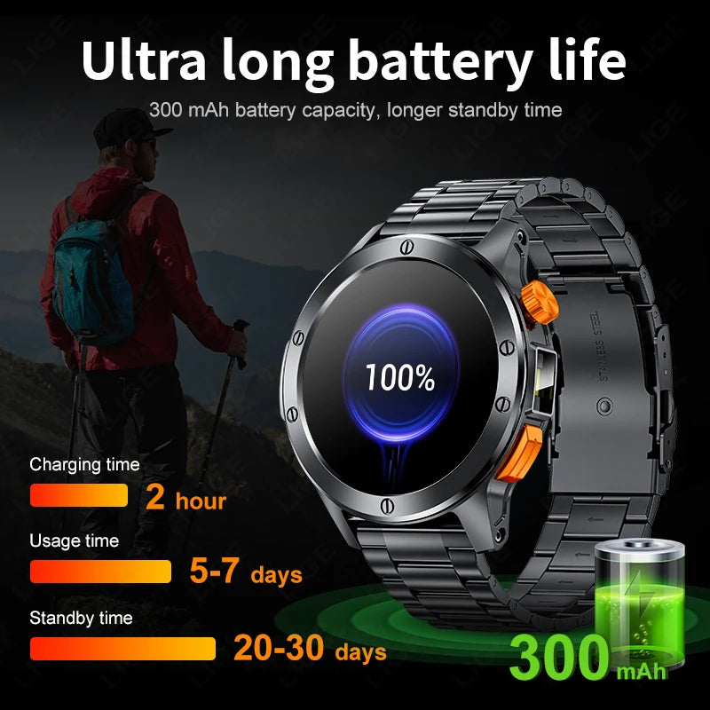 LIGE Sports Smart Watch Men LED Flashlight IP68 Waterproof/Bluetooth Call Health Watches Voice Assistant Military Smartwatch Men