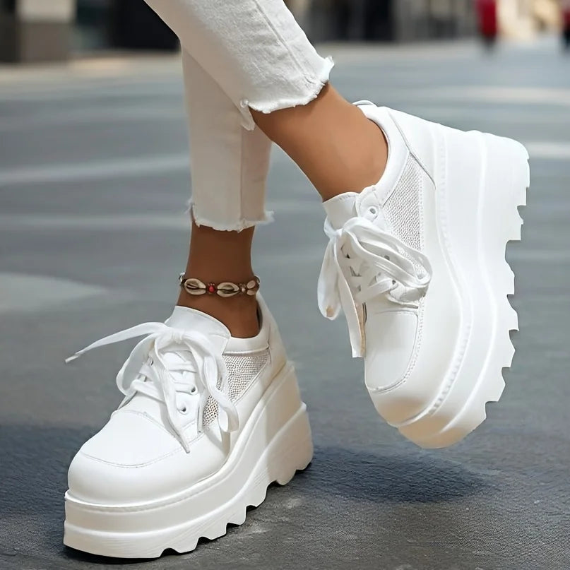 Women's Y2K Goth Wedges High Heels Pumps Fashion Solid Lace-up/Breathable Mesh Thick Bottom Sneakers Casual Comfy Platform Shoes