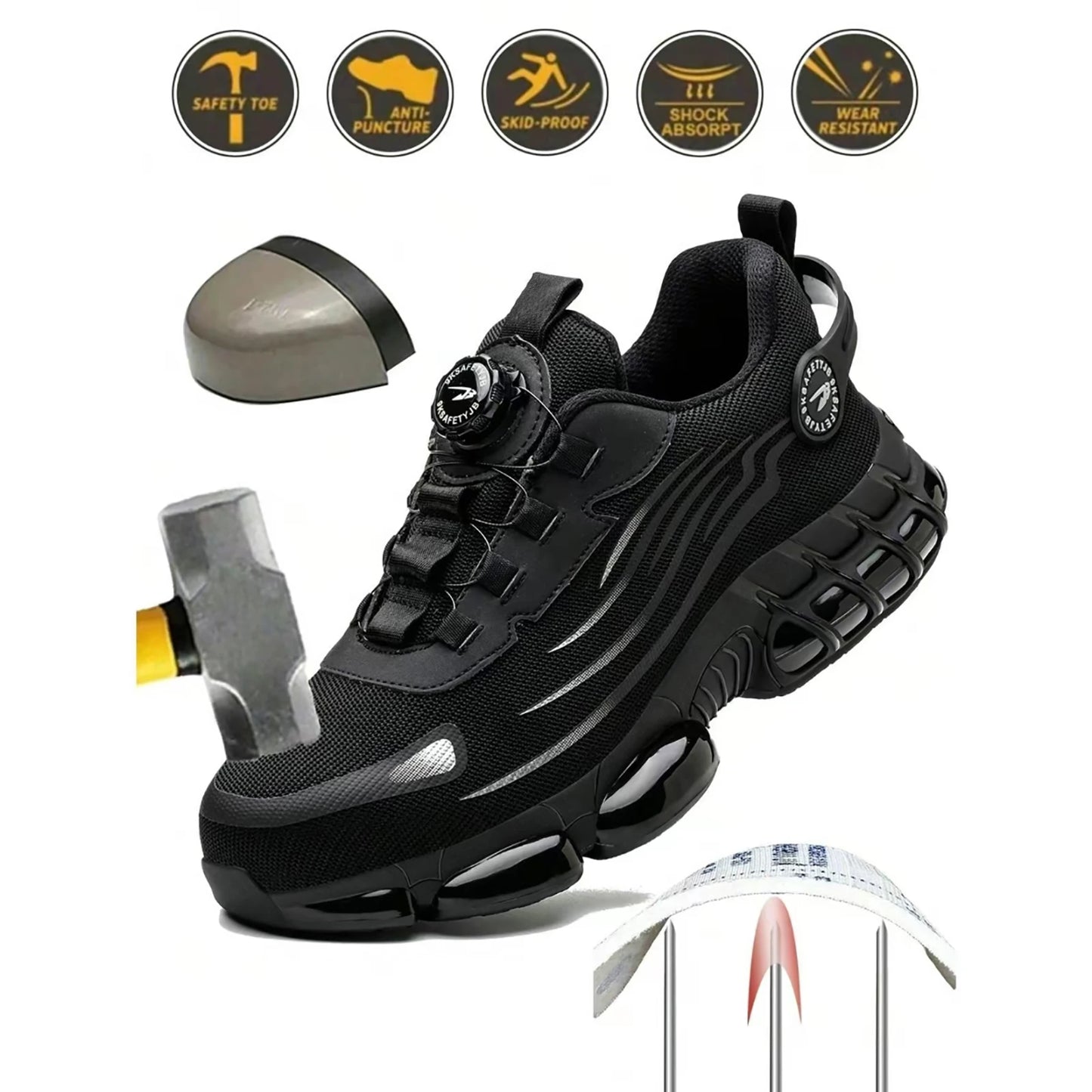 Men's Steel Toe Safety Shoes with Rotating Button Wear-Resistant/Puncture Proof Work Sneakers for Protection