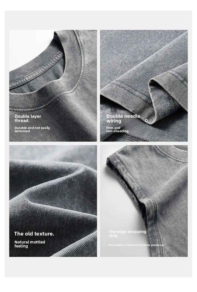 230g Pure Cotton European and American High Street Retro Washed/Distressed Sleeveless Vest Men's Casual Loose Shoulder T-shirt