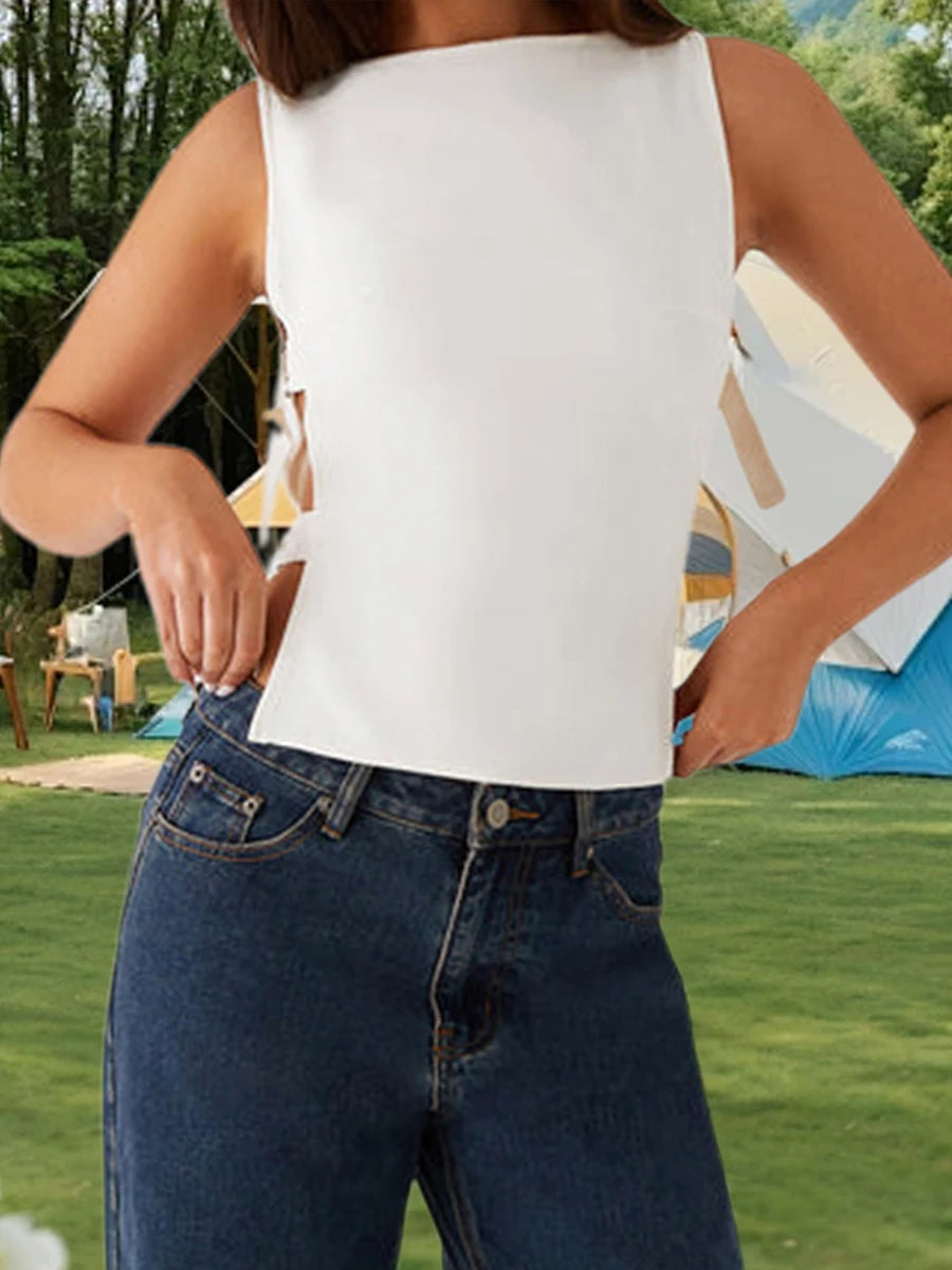 Women s Sleeveless Boat Neck Tank Tops/with Side Buckle Detail Solid Color Fit Vest for Summer Style