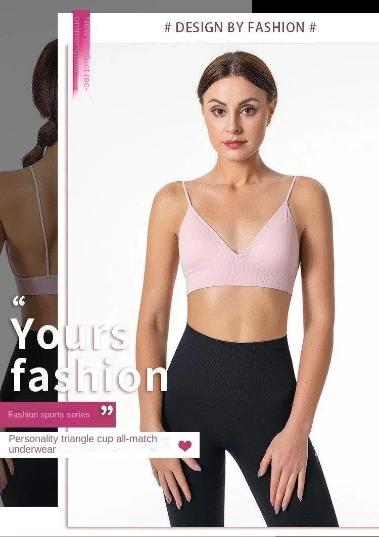 Women V Neck Seamless Triangle Cup Bra Camisole Breathable Gather Up/Chest Wrapped Underwear for Sports Fitness Yoga Casual