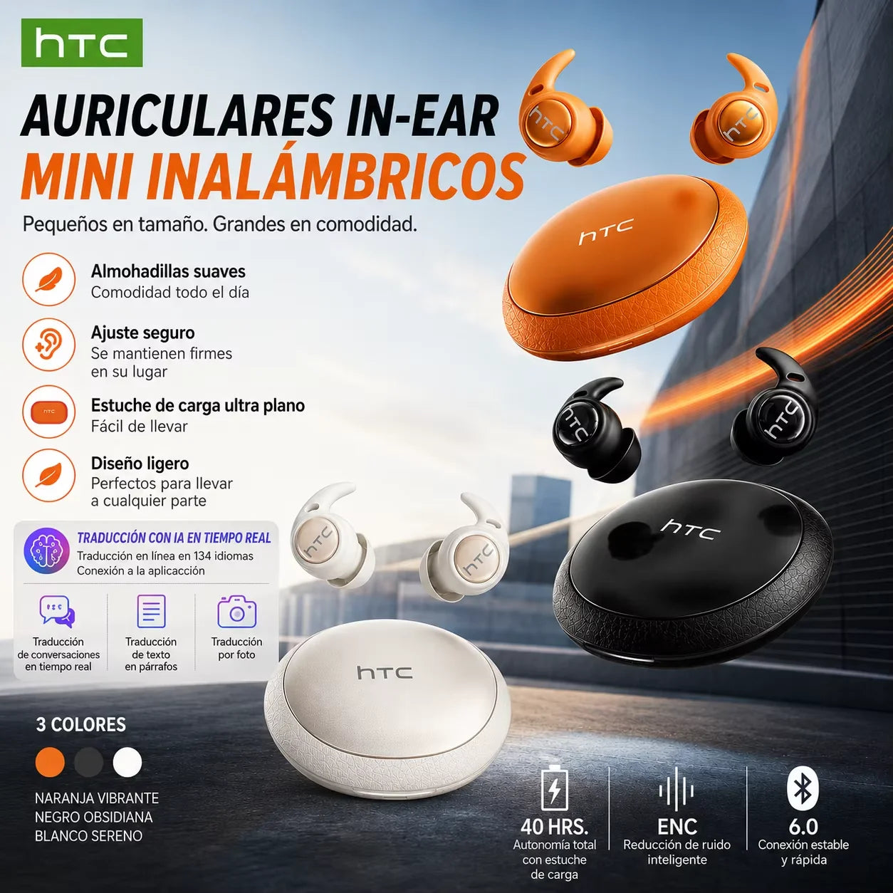 HTC NE76 OWS wireless earbuds with intelligent AI translation/50-hour battery life, low latency for music, the desk, sleep, and sport