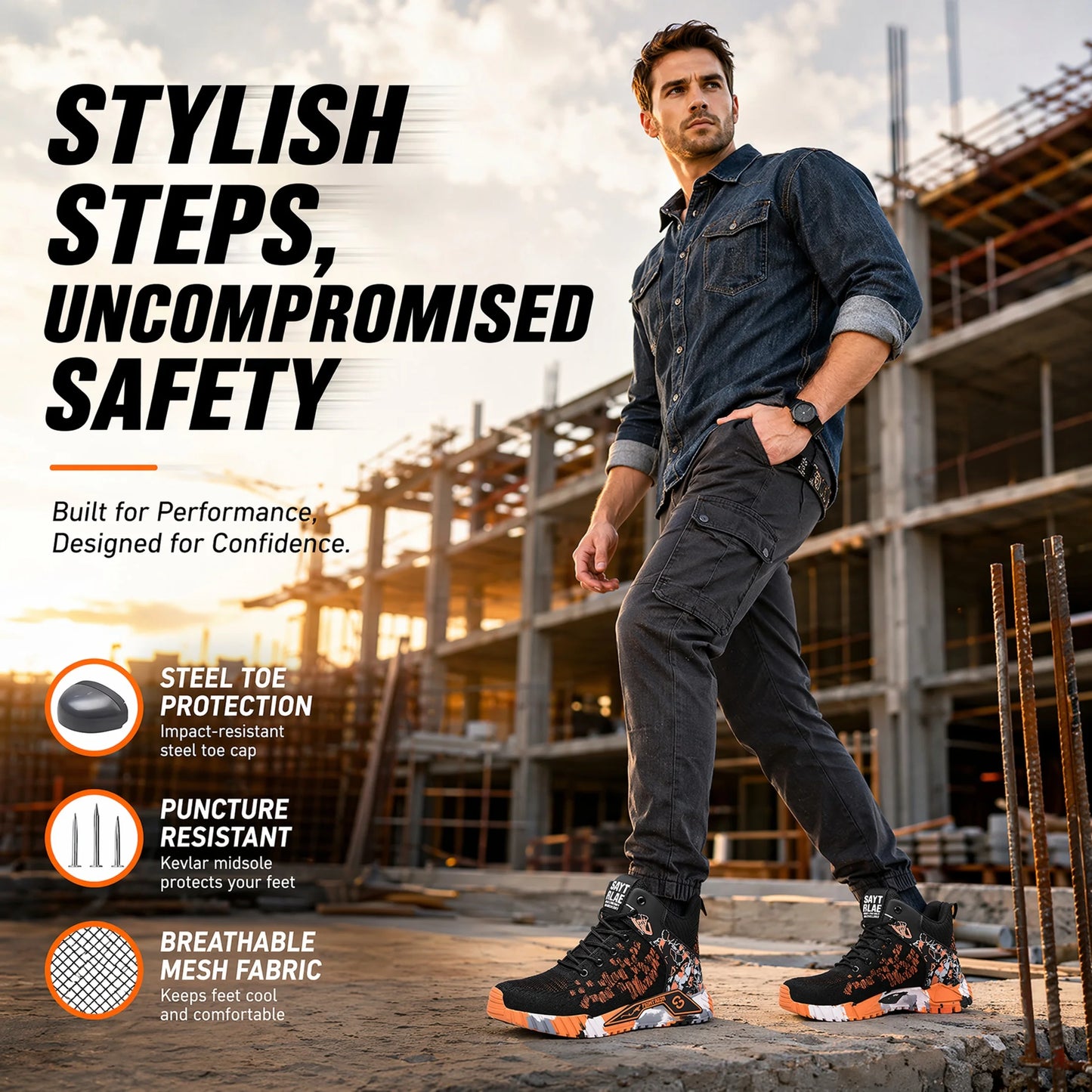 Camo Camouflage High Top Steel Toe Safety Work Boots for Men/Anti-Smash Puncture Resistant Breathable Indestructible