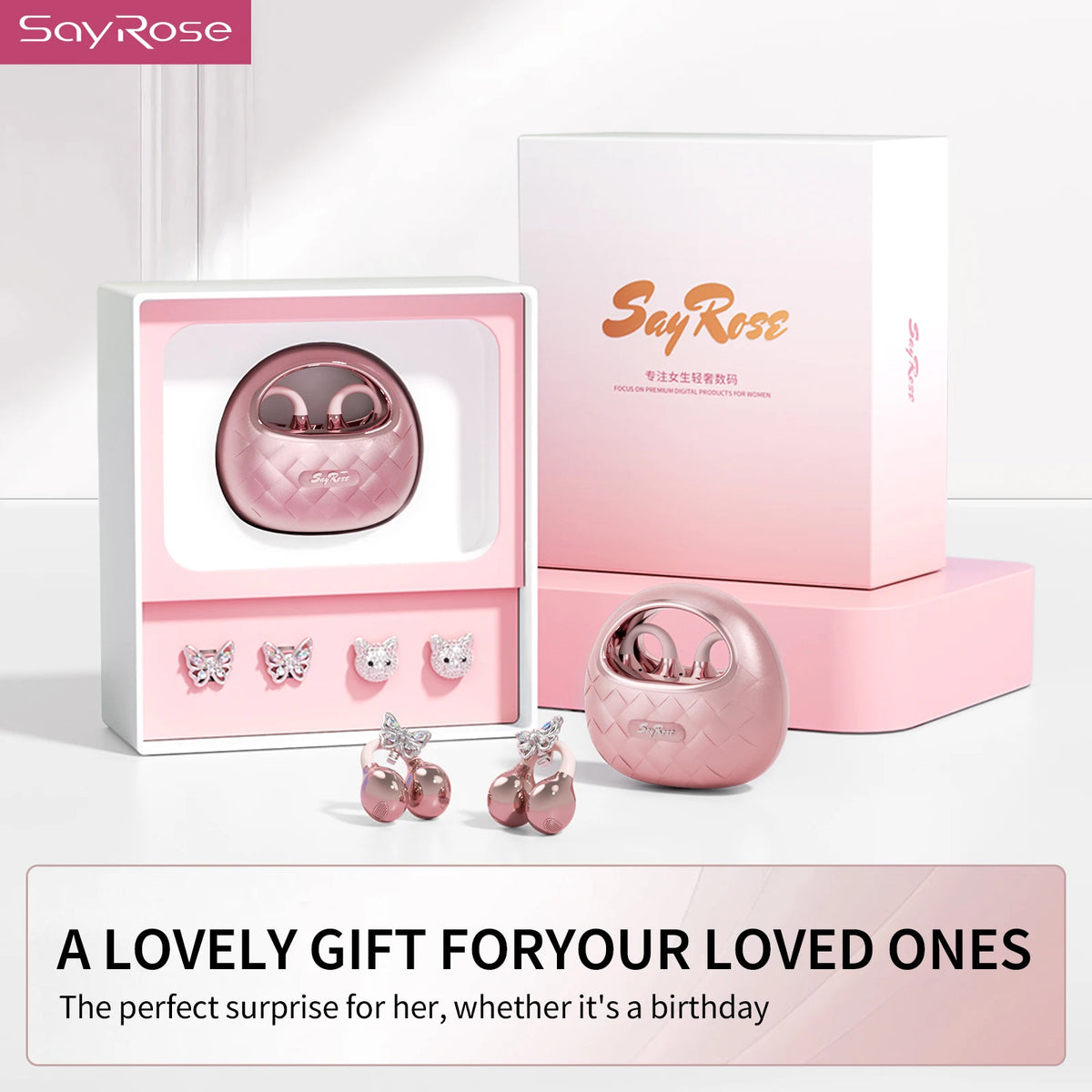 SayRose RJ-65 Fashion Open Ear Bluetooth Earbuds V5.4 ENC Call/Noise Reduction Bag Style Charging Case Wireless Headphones