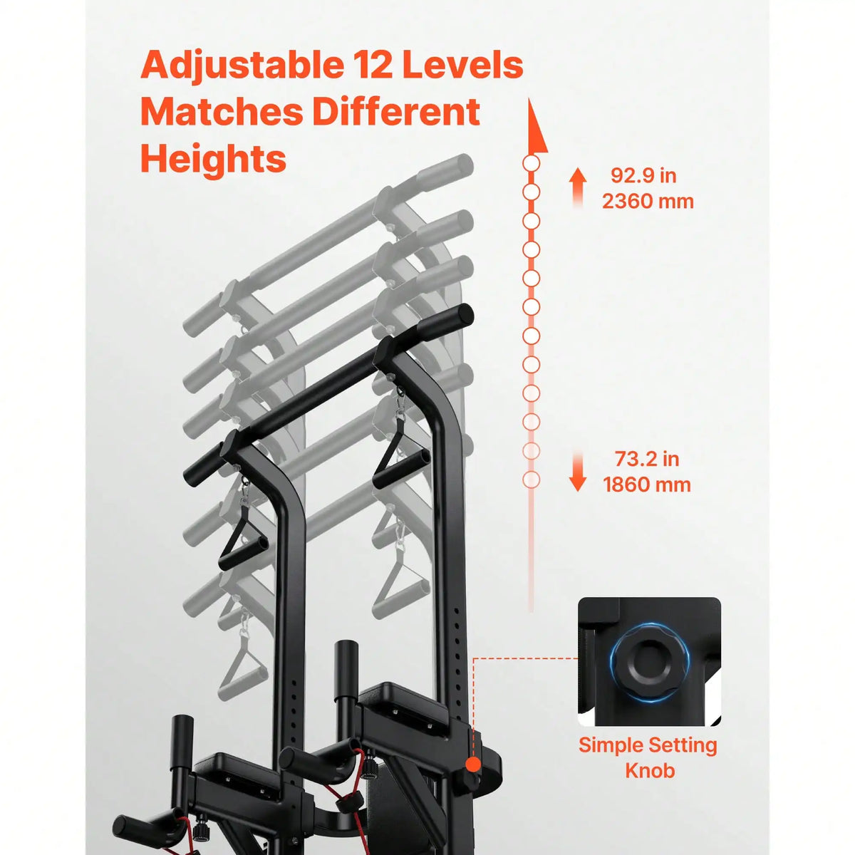 Pull Up Bar, 330 LBS Power Tower Dip Station, Workout Dip Station/With H-Shaped Stable Base & Back Pad, Adjustable 12 Level Height