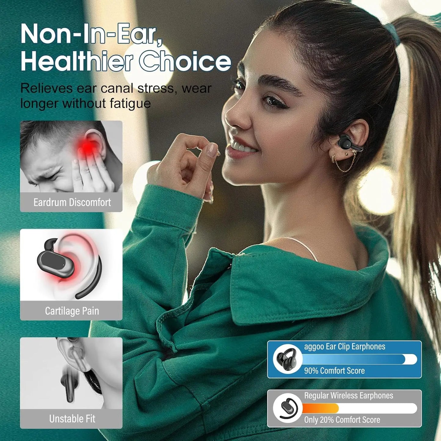 Open Ear Wireless Clip-On Headphones with Bluetooth 5.4 DNN Noise Cancelling/48H Playtime, Low Latency for Music & Calls