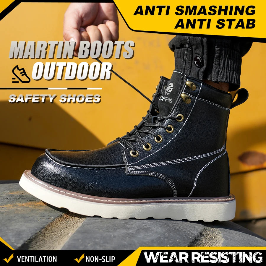Two layer cowhide men's anti-smash/anti-puncture high top work safety shoes