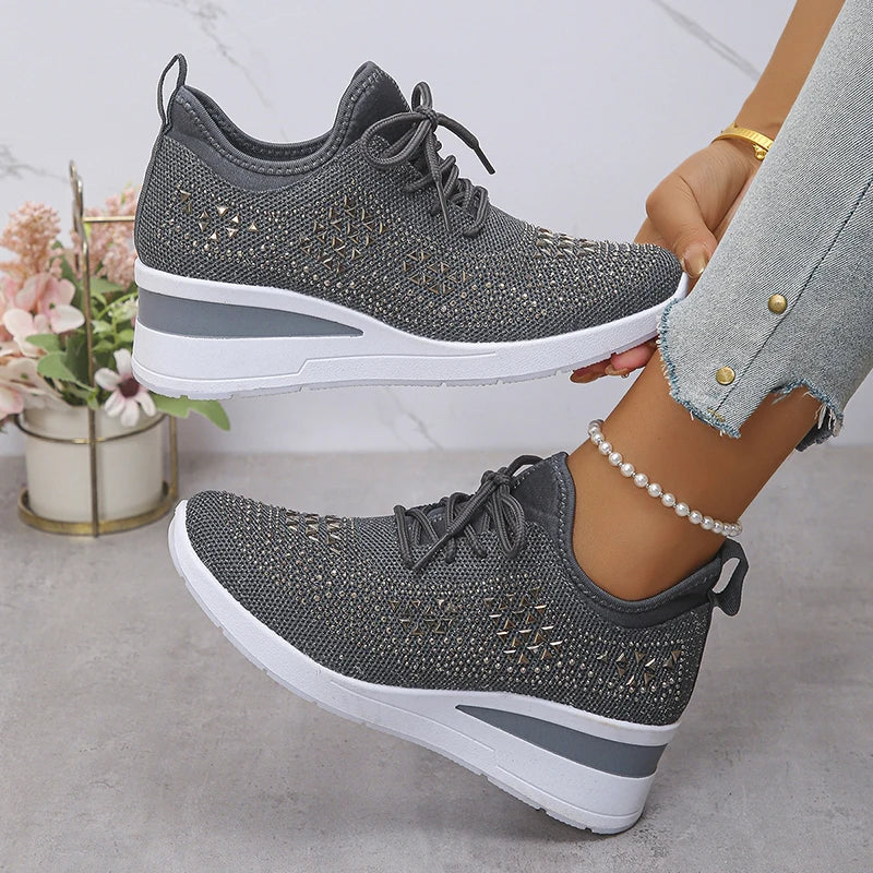 Women's Shiny Rhinestone Wedge Sneakers Breathable Non Slip/Walking Shoes Woman Plus Size Fashion Thick Sole White Sneakers