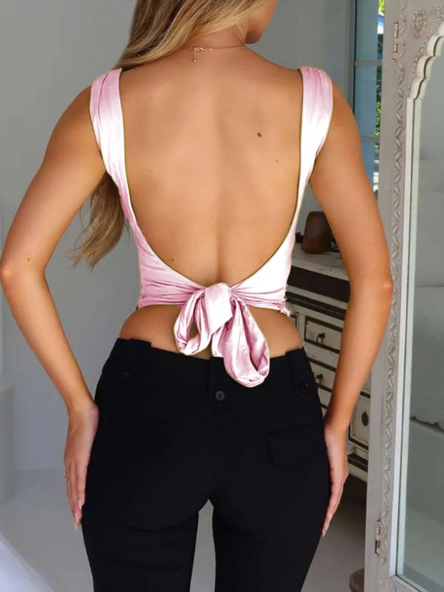 Women Solid Color Camisoles V-Neck Sleeveless Tie-Up/Backless Tank Tops Summer Vests Tops Streetwear
