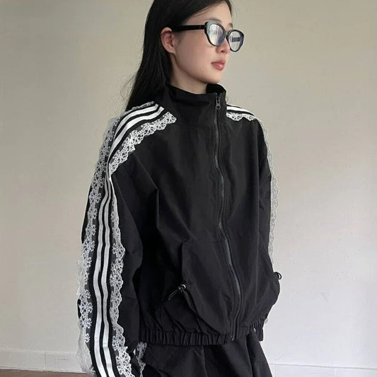 Lace Patchwork Striped Sun Protection Jacket for Women/New Korean Causal Zipper Stand Neck Cardigan Coat Top Design