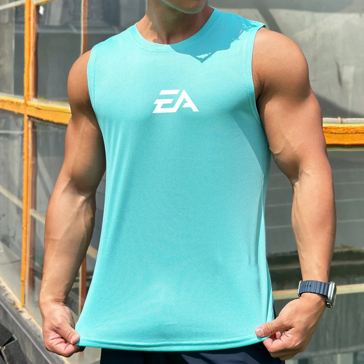 Summer New Trend Men's Pullover Round Neck Mesh Bottom Shirt/Sports Fitness Swimming Running Shirt Sleeveless Vest Quick Dry