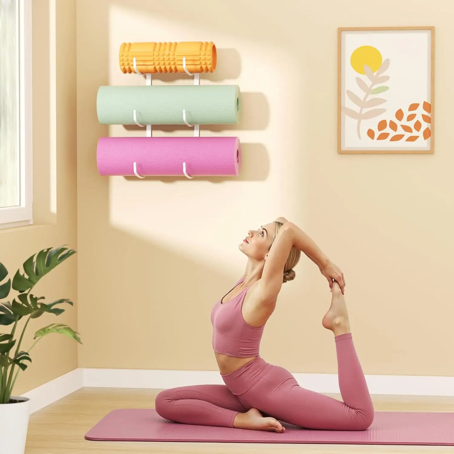 3-Tier Wall Mount Yoga Mat Holder Storage Rack/for Foam Roller and Blocks White Metal Organizer