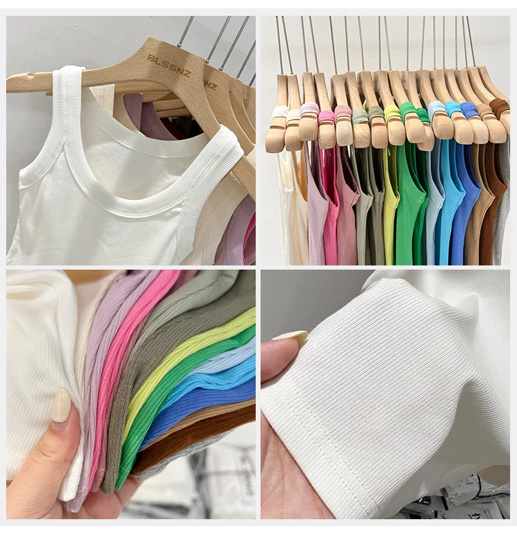 zjaiss Women Solid Round Neck Ribbed Tank Top Camisole Women/Summer Basic Elastic Tank Top O Neck Solid Tank Top