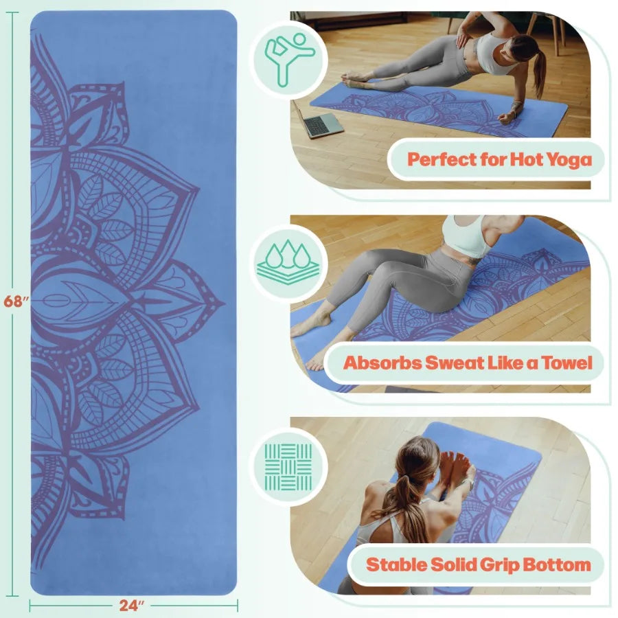 Blue Sweat Absorbent Grippy Suede Hot Yoga Mat with Strap for Enhanced Stability/and Comfort During Intense Workouts and Indoor