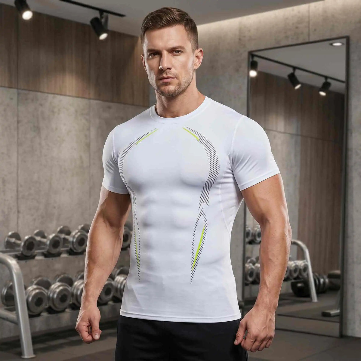 3-Pack Men's Compression Shirts Short Sleeve Gym Tops/Contour Line Workout Tees Moisture-Wicking Quick-Dry Performance