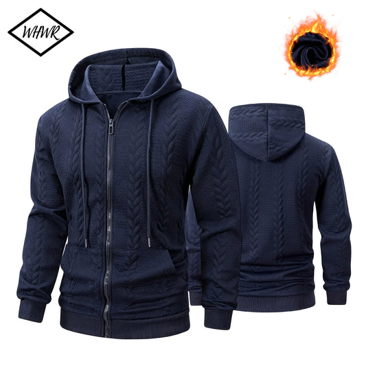 Men's Textured Zip Hooded Sweatshirt Full Zipper Jacket/Kangaroo Pocket Ribbed Cuffs Warm Casual Street Outerwear