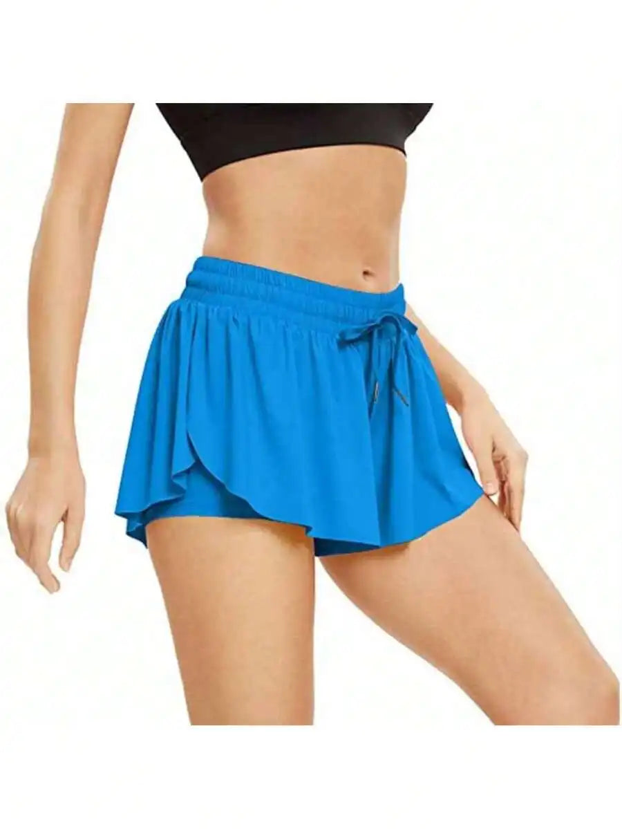 Women's High Waisted 2 In 1 Flowy/Hem Athletic Shorts With Drawstring