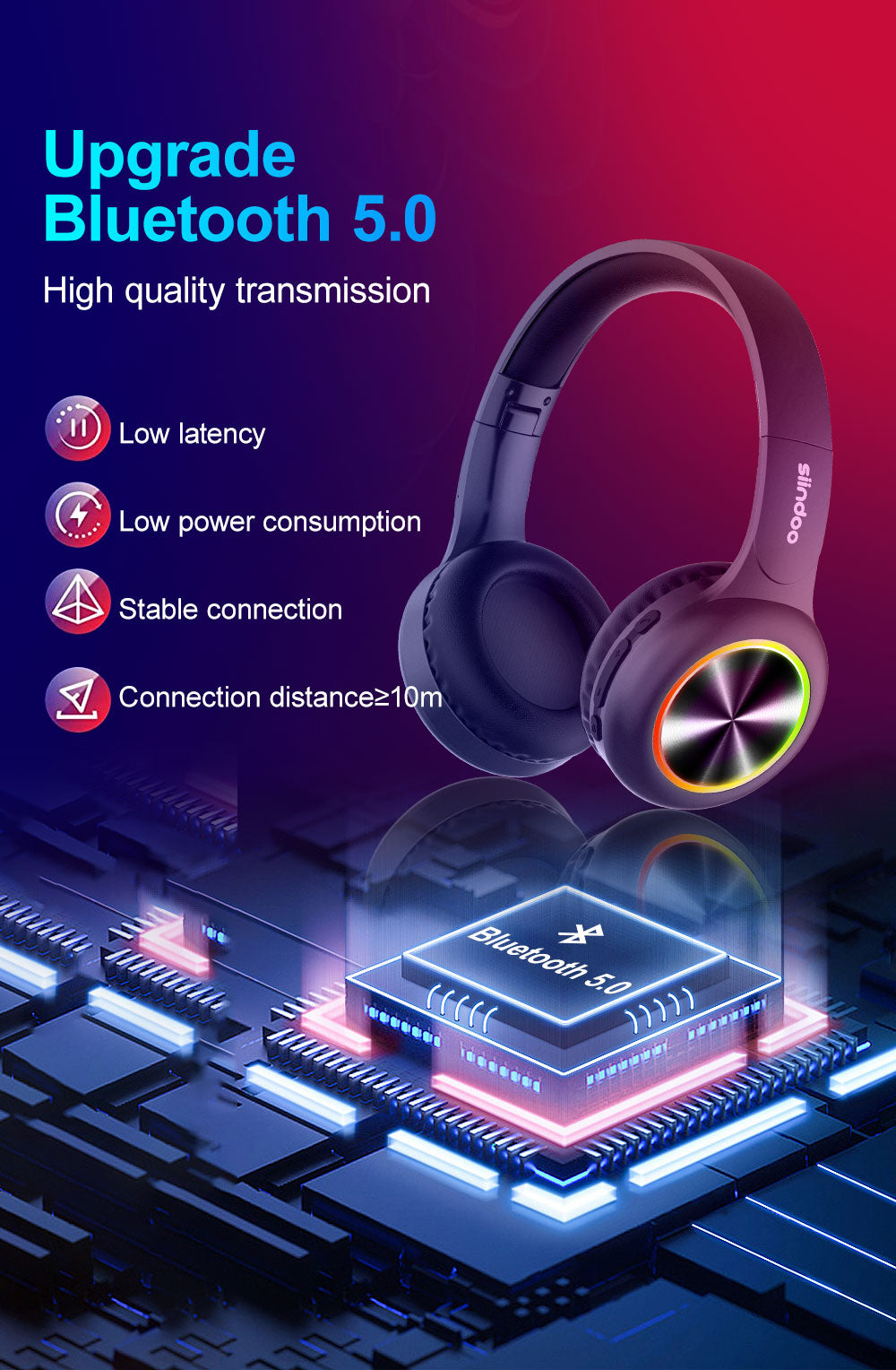 Siindoo JH-926C RGB Light Wireless Bluetooth Headphones/Foldable Stereo Earphones