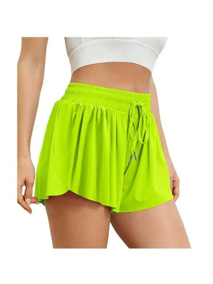 Women's High Waisted 2 In 1 Flowy/Hem Athletic Shorts With Drawstring