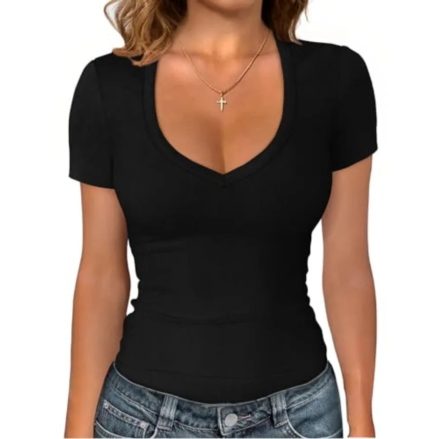 Sampeel Short Sleeve Shirts for Women V Neck Summer Ribbed T shirts/2026 Slim Fit Spring Fashion Going Out Basic Tees