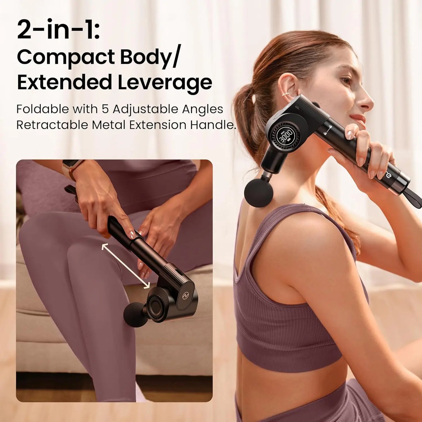 Foldable Massage Gun with Extension Handle 5 Adjustable Angles/Deep Tissue Back Massager 32 Speeds, 6 Heads, Quiet & Portable