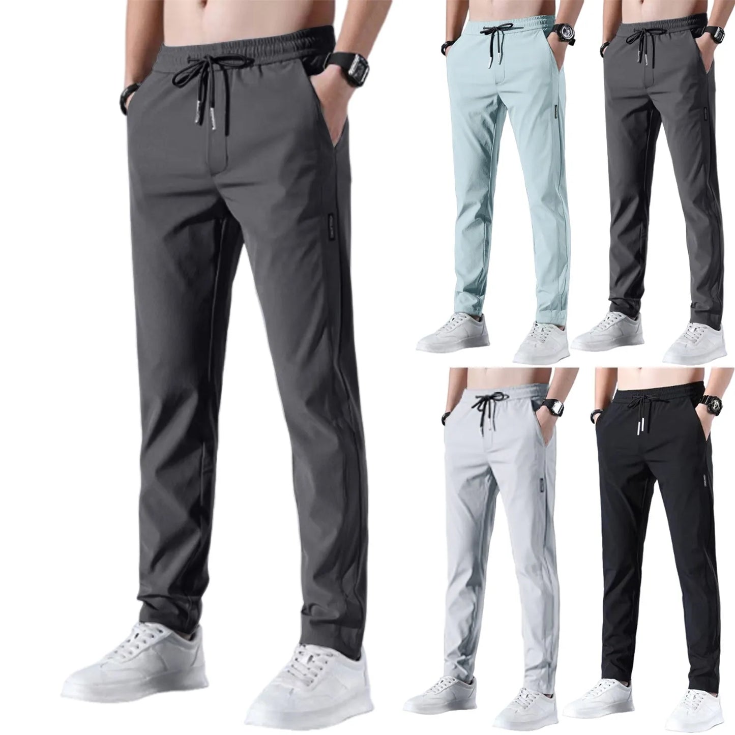 Men Fast Dry Stretch Pants Ice Silk Trousers Solid Color Mid-Waist/Loose Breathable Straight-Leg Casual Pants Thin Sports Pants