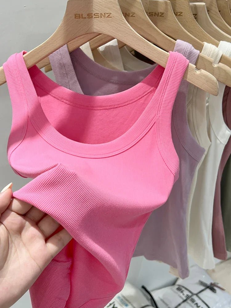 zjaiss Women Solid Round Neck Ribbed Tank Top Camisole Women/Summer Basic Elastic Tank Top O Neck Solid Tank Top