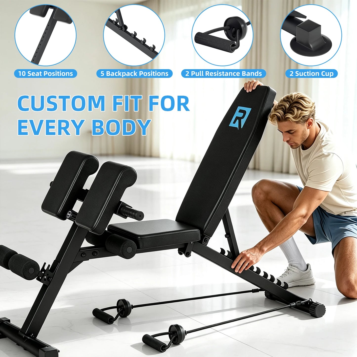 All-in-One Home Gym Roman Fitness Bench Commercial Grade/Stable Triangle Support 2 Pull Resistance Bands Non-Slip Bench