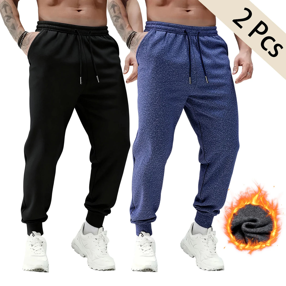 2Pcs In Set Men Fleece Lined Jogger Sweatpants Thick Warm Elastic Waist/Drawstring Tapered Pants Casual Athletic Winter Wear
