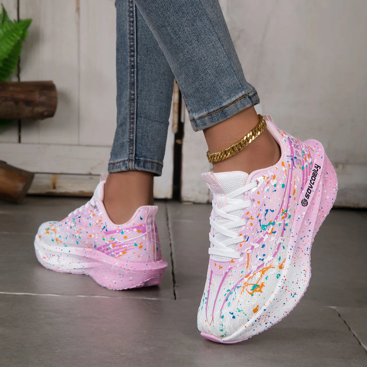 Women Splatter Paint Gradient Running Sneakers Breathable Flying Weave/Mesh Lightweight Shock Absorb Non Slip Fashion Athletic